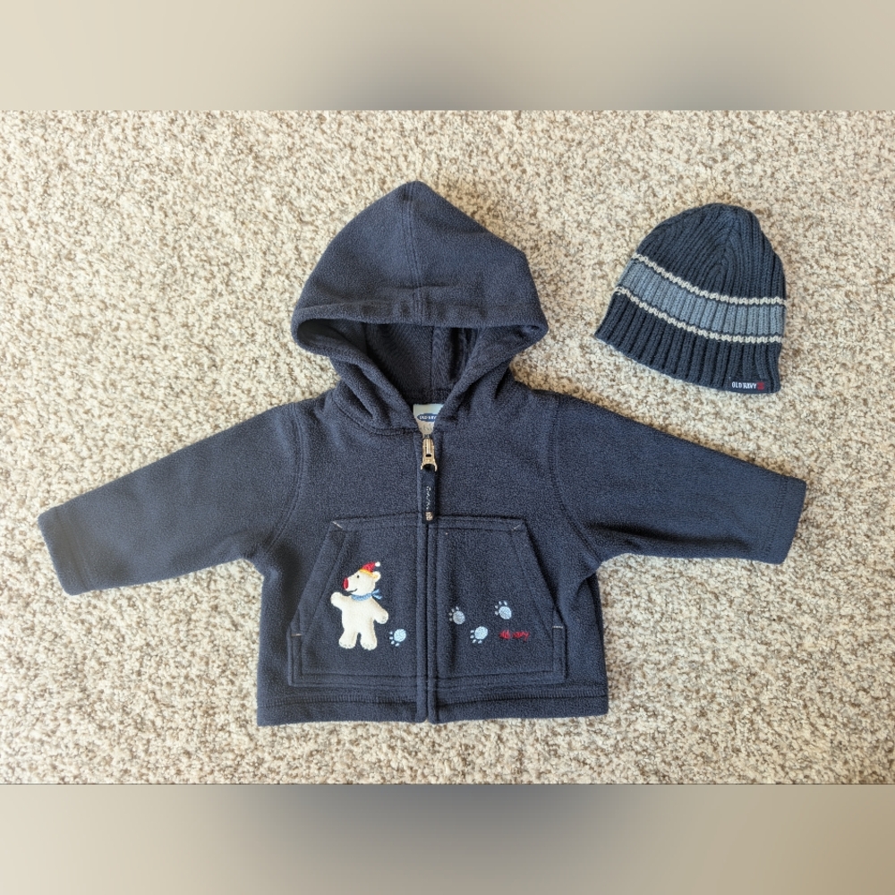 Old Navy Fleece Jacket & Winter Hat Blue Polar Bear Paw Prints 0-3 Mon